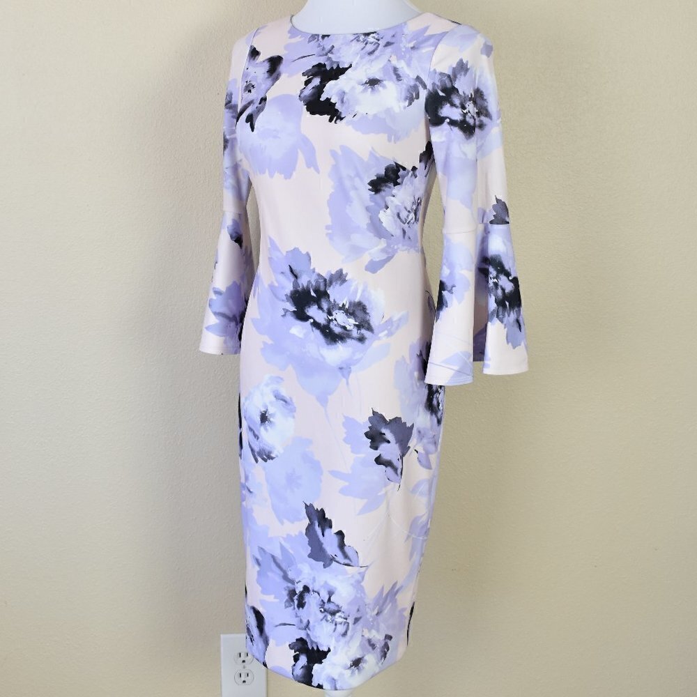 Calvin Klein Floral Sheath Dress Bell Sleeves 2 - Picture 2 of 8